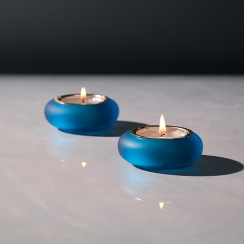 ICNBUYS Handgjord dekorativ värmeljushållare av kiselstenar, uppsättning av 2, handgjord dekorativ accent för att lugna jord, estetisk påfågelblå, matt finish, konstharts, diameter 6,6 cm