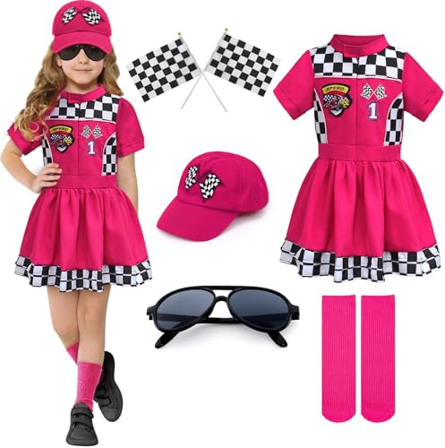 G.C Costume de pilote de voiture de course pour petite fille - 8 pièces - Robe de course rose rouge - Accessoires de voiture - Casquette de voiture - Chaussettes au genou - Lunettes de soleil