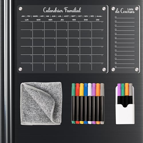 Maison Monnet - Calendrier Magnetique Frigo Transparent, tableau mensuel, to do list,mémo, organisateur, avec accessoires (Blanc)