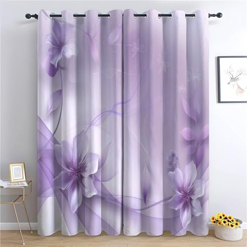 CozyRest barngardiner – lila blommor design öljett termisk och mörkläggande mörkläggningsgardiner för sovrum vardagsrum 2 paneler 233 x 137 cm