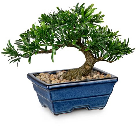 Oairse Artificial Bonsai Tree Juniper Faux Plants Indoor Small Fake Plants Decor with Blue Ceramic Pots for Home Table Office Desk Bathroom Shelf Bedroom Living Room Farmhouse Decorations