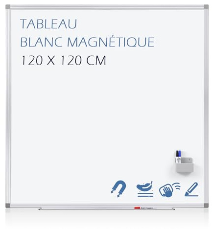 Swansea Tableau blanc 120x120 cm,Tableau blanc magnétique avec cadre en aluminium épais, Tableau Veleda Mural professionnel pour bureau, école, formation