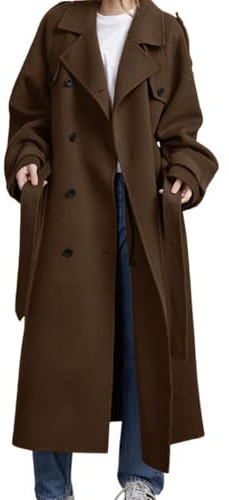 chouyatou Women's Winter Double Breasted Wool Coat Long Sleeve Notch Lapel Midi Long Winter Trench Coat with Belt (Medium, Brown)