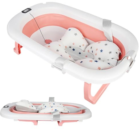 OHMG Baignoire Bébé Pliable Avec Thermomètre Intégré,Baignoire Enfant Convient aux Nouveau-Nés aux Tout-Petits et Dispose d'un Tapis Antidérapant et de Trous de Drainage,Bassin de Douche Portable