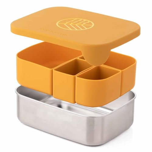 eco rascals Edelstahl Bento Lunchbox 1600ml - Auslaufsichere Lunchbox für Arbeit und Schule, süße Lunchbox mit unterteilten Abschnitten, 4 abnehmbaren Fächern Lebensmittelbehälter, BPA-frei (Senf)