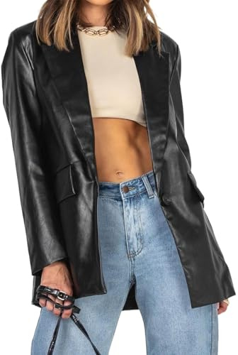 BTFONIA Giacca in pelle oversize da donna, manica lunga, blazer in similpelle, con risvolto, abbottonato, in pelle, con tasche(1#,M)