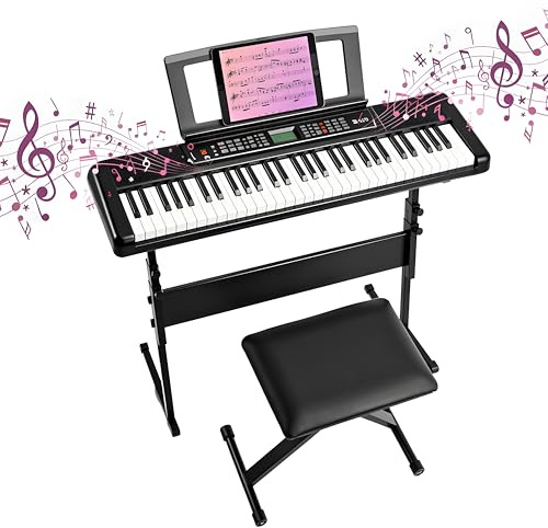MAMIZO 61 Tasten Keyboard Piano Kit mit Ständer & Hocker, für Keyboard Kinder & Anfänger, Digital Keyboard E Piano mit 300 Klänge, 3-Stufen-Lehrmodus, LCD-Display, Notenständer