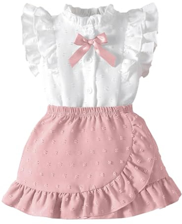 LUVCES Vestiti Bambina Gonna Set Senza Maniche Volant e Fiocco Davanti Camicia + Elegante a Pois Svizzeri Gonna 2 Pezzi Abbigliamento Estivo per Bambine