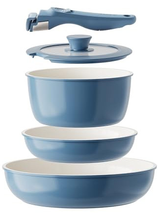 Redchef Set di 5 pentole e padelle in ceramica antiaderenti, con manico staccabile, senza PFAS PFOA e PTFE, set di pentole in ceramica per camper, per campeggio, forno (blu