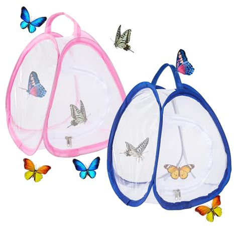2 jaulas de malla de mariposa para niños, casa de mariposas con cremallera, jaula portátil de hábitat de mariposa para principiantes (azul, rosa)