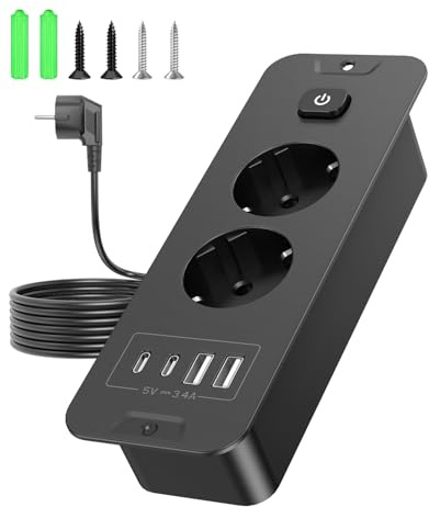 Vipwell Multiprise encastrable avec USB, Prise encastrable Plan de Travail avec Interrupteur, 2 USB C (PD 20 W) et 2 USB A, Bloc multiprise encastrable pour Cuisine Bureau