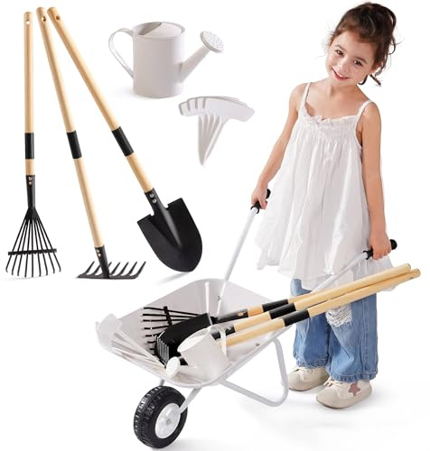 ROBOTIME Carretilla de metal para niños y herramientas para plantar, juego de 5 piezas en gris y negro con mango de madera de pino ajustable, regadera, rastrillo, pala, para niños y niñas a partir de