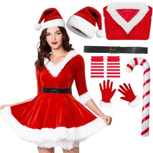 Moerstar Abito Natalizio Donna, Costume in Velluto Babbo Natale Donna con Cappello di Babbo Natale Calzini Guanti Cintura Bastone per Feste Cosplay (L)