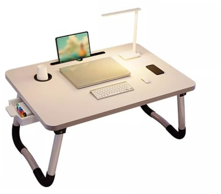 Akozon Bureau de Lit Ergonomique avec Porte-gobelet – Table de Lit Portable Pliable pour Ordinateur Portable, Plateau, canapé et Sol – Lecture, écriture et Manger – Blanc