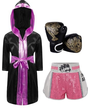 HULIJA Barn pojkar boxningsdräkt boxer cape uniform set med muay thai shorts ringar träningshandskar, ROSA, 146-152
