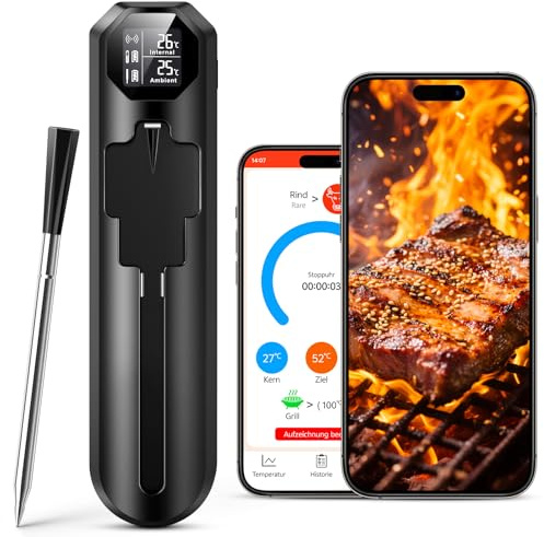 maxtachi Termometro Cucina con Bluetooth, Termometro Carne via App con Timer e Allarme, IP67 Impermeabilizzazione e olio, Termometro Carne Wireless per BBQ, Forno, Grill, Girarrosto, Griglia, Cucina