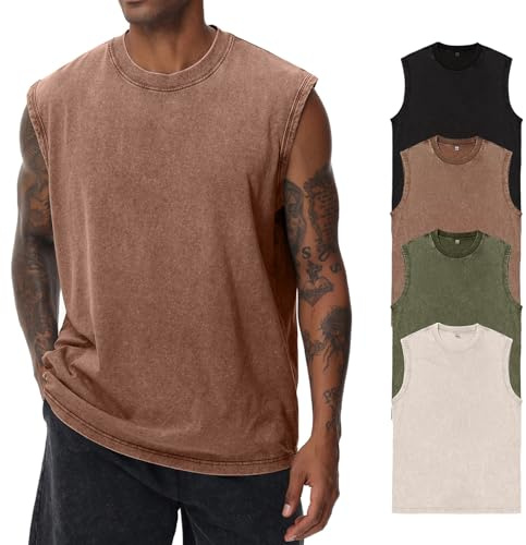 T-shirt d'été sans manches à manches courtes pour homme - Gilet de fitness sans manches - Délavé - T-shirt sans manches - Pour entraînement, gym, coton