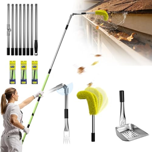 13ft Gutter Cleaning Tools From the Ground, No Ladder Needed, 3-in-1 Gutter Cleaner Pole with Replaceable Brush Rake Scoop, 180° Adjustable Angle for Leaves & Debris Cleaning with Grip Tapes, Yellow