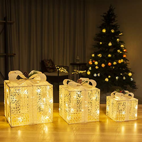 GIGALUMI Lot de 3 Boite Cadeau Noel, 60 LED Cadeau Lumineux Noel, 8 Modes d'éclairage pour Boîtes Cadeaux avec Nœud pour Les Fêtes, La Maison, La Décoration du Sapin (Blanc)
