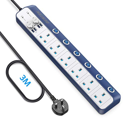 BESTEK 3m Surge Protector Extension Lead, 6 Way Individual Switch Power Strip Plug Socket with 4 USB Ports (Blue)