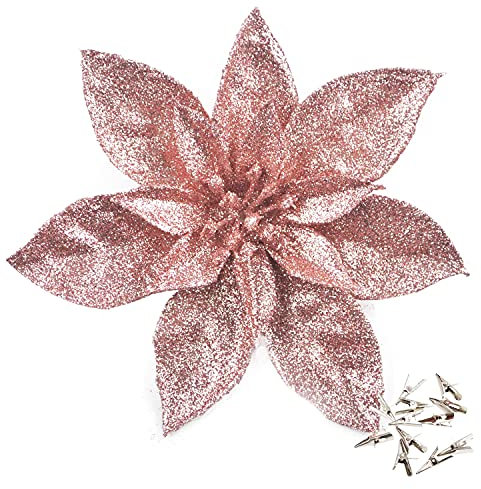 GL-Turelfies Lot de 12 fleurs de poinsettia artificielles à paillettes avec 12 clips - Décorations de sapin de Noël (16 cm) (or rose)