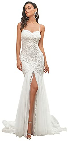 Ever-Pretty Abito da Sposa Tracolla Regolabile Scollo a V in Tulle Bodycon Sirena Lunghezza del Piano da Donna con Cappella Treno Bianco 42EU
