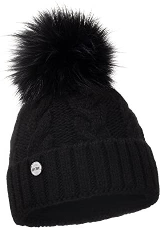 ELIMELI® Winter Mütze Damenmütze mit Fell-Bommel Fleece Innenfutter gefüttert - warme Damen Bommelmütze Strickmütze - Wintermütze mit Kunstfell Bommel - Slouch Strick Beanie Made in EU (schwarz)