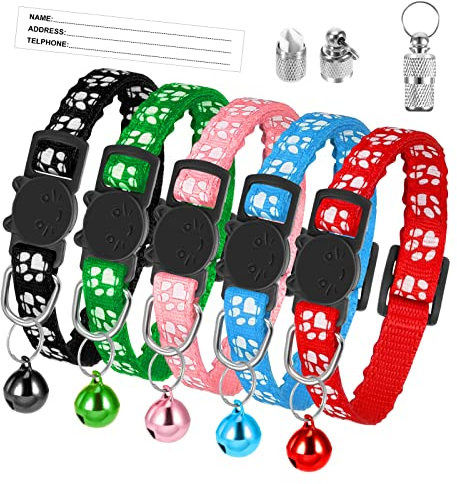 AKlamater 5Pcs Cat Collars with Bells Adjustable Kitten Collar Quick Release Safety Collar with Anti-lost Tags for Cats, Kitten, Small Pet