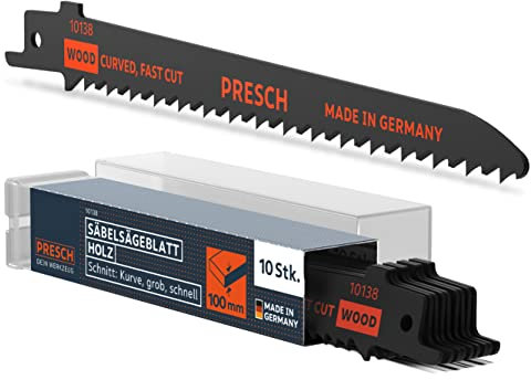 Presch Hojas sierra sable madera 130mm 10 piezas - corte curvo 6-100mm - Hojas de sierra para madera, cuchillos de cocina y más. - Juego de hojas de sierra con caja incluida