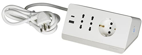 BTICINO Ciabatta Multipresa Elettrica 5 Posti, 2 Prese USB 3A, 1 Polivalente Schuko 10/16A e 2 Bipasso 10/16A, Multipresa da Scrivania con Interruttore e Cavo 2m Spina 16A, Robusta e Funzionale,Bianco