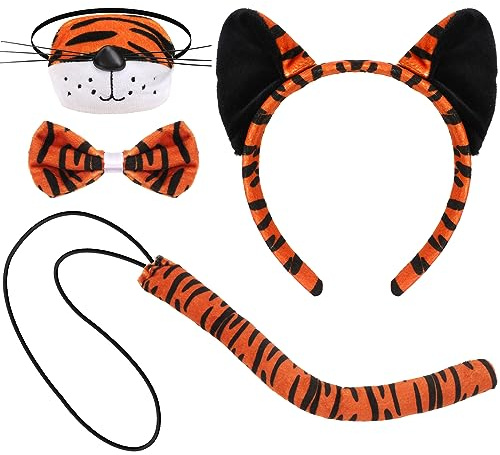XEPST Animal Tiger Costume Set, Tiger Ears and Tail Set with Ears Headband Tail Nose Bowtie for Animal Costume Cosplay Birthday Party Halloween Fancy Dress Party Supplies, B