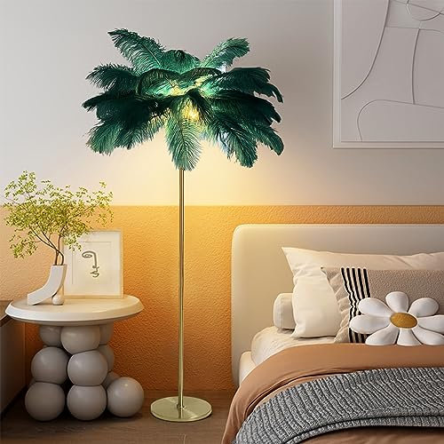Lampe à plumes Lampadaire en plumes d'autruche Lampe de sol en fer Art Abat-jour blanc Lampe d'autruche Lampe de chevet Lampadaire en plumes, 3 couleurs réglables LDE 6 ampoules, pour salon, chambre