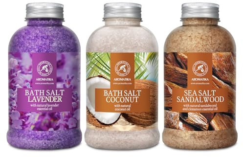 Badesalz Set Lavendel & Kokos & Sandelholz 3х600g - Meersalz mit Ätherischen Lavendelöl - Kokosöl - Natürlichen Sandelholz und Zimtöl - Aromatherapie - Körperpflege - Guter Schlaf - Entspannung