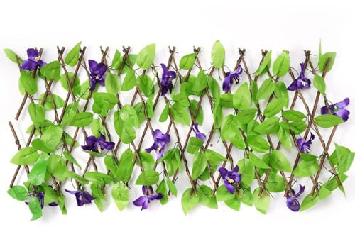 Seto Artificial Ocultacion | Celosia Extensible con Hojas, Jardín Vertical Exterior | con Flores Moradas | Jardín Vertical Exterior | Alfombra De Valla De Imitación para Decoración De Fondo Verde
