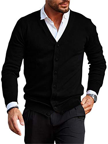 Runcati Chaqueta de punto para hombre, sin cuello, con cuello en V, cárdigan, camisa, chaqueta, ligera, chaqueta de transición, Negro , XL