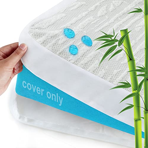 Mattress Topper Cover Protector Twin Size 2 Inch, 100% Waterproof Viscose Cooling Mattress Encasement Zippered with Adjustable Straps, Fit Memory Foam Mattress Topper