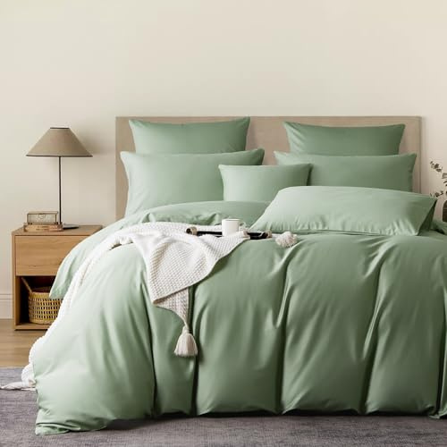 YASMENG Satin sängkläder 155 x 220 grön 100 % långstaplad bomull kylande mako-satin sängkläder mjukt silkeslent andas silke påslakan-set 3 delar med dragkedja och 2 örngott 80 x 80 cm