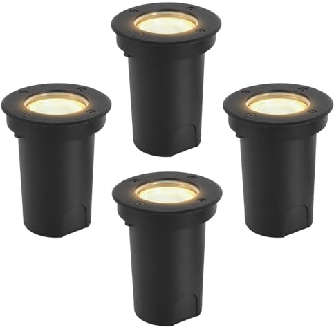 Peviasot 4er Set Bodeneinbauleuchte für GU10, IP67-Wasserdicht Bodenstrahler außen, Drehbarer runder Bodeneinbaustrahler mit Lichtquelle, Warmes Weiß 3000K, Mit zwei Glastypen (Schwarz)