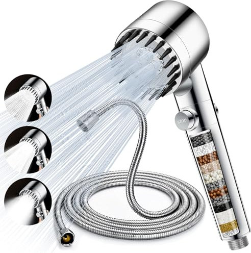 Hard Water Filter Shower Head and Hose 2M, 15 Stage High Pressure Shower Head Filter, 3 Spray Mode Powerful Shower Heads to Increase Pressure, Handheld Water Saving Showerhead with Pause Switch,Silver