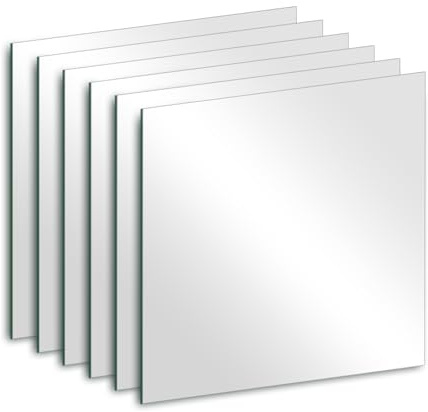 QEEYON 6Pcs Glass Wall Mirror Tiles 6 x 6 x 0.08'' Thick Square Mirror Sheets with Adhesive Stickers for Home Gym, Bedroom, Door, Bathroom, Entryway, Wall Decor