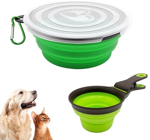 Bekecidi Cuenco de agua plegable para perros de 350 ml con tapa transparente, cuenco portátil de viaje para perros, cuchara plegable para comida para mascotas incluida