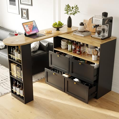ModernLuxe 360° Swivelling Bar Table, Breakfast Bar with 4 Drawers and Open Shelves, Galvanised Gold Handle, Innovative Kitchen Islands, Suitable for Dining Room and Living Room, Black, 105x39x102cm