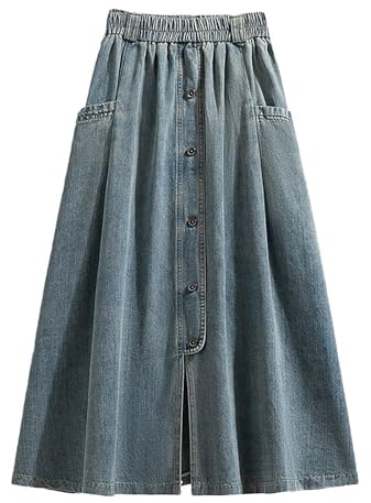 Gonna in jeans da donna a vita elastica, gonna da donna di media lunghezza vintage con tasche e bottoni orlo ampio fluido taglio trapezio A-Line chic ed elegante casual streetwear taglie forti gonne
