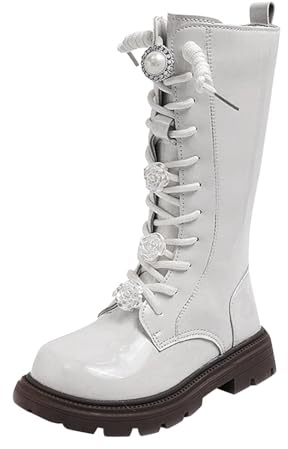 2026 - Botas de invierno para mujer, de manga alta, accesorios de flores de camelia, versátiles, cremallera lateral, piel, White, 33 EU