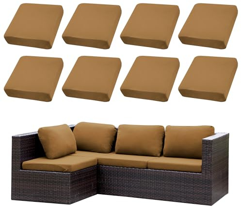 SUKAIKEQA Ensemble de 8 Housses de Coussins pour terrasse|Housses pour canapés d'extérieur|Housses Extensibles pour Coussins de canapé|Protections pour Meubles lavables et réutilisables (1, Camel)