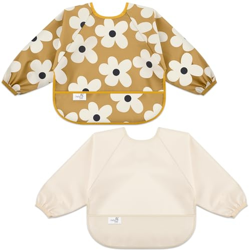 BebeBiu Long Sleeve Baby Bib, Waterproof Weaning Bibs with Catch-All Pocket, 2pk Baby Feeding Bibs, Adjustable Sleeves Toddler bib for 6-24 Months
