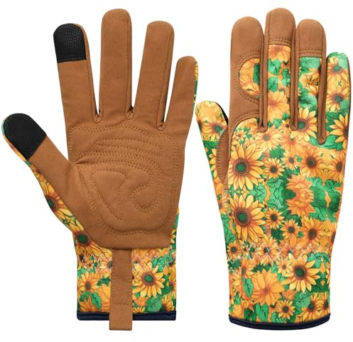 Gardening Gloves for Women, Tough Thorn Proof Gardening Work Gloves with Touchscreen, Leather Garden Tools with Strong Grip for Planting Trimming Sowing Cleaning Landscaping Gardening Gifts(Brown)