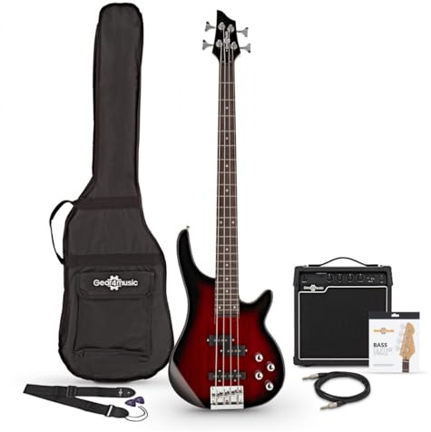 Chicago Bass Guitar Trans Red Burst, 15W Bass Amp & Accessory Pack | For modern bassists, versatile single/split-coil tones, lightweight ergonomic body, 15W amp bundle