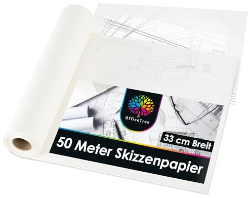 OfficeTree 50m Transparentpapier Rolle Weiß - Skizzenrolle 33cm breit 40g - Schnittmusterpapier Rolle - Pergamentpapier Rolle - Pauspapier für Schnittmuster - Architektenpapier Rolle - Pattern Paper