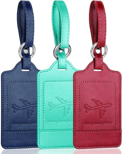 Teskyer 3 Luggage Tags for Suitcases, Travel Essentials | Privacy Protection, Noticeable, Durable, Travel Accessories, PU Leather, Luggage Labels, with 6 Info Cards